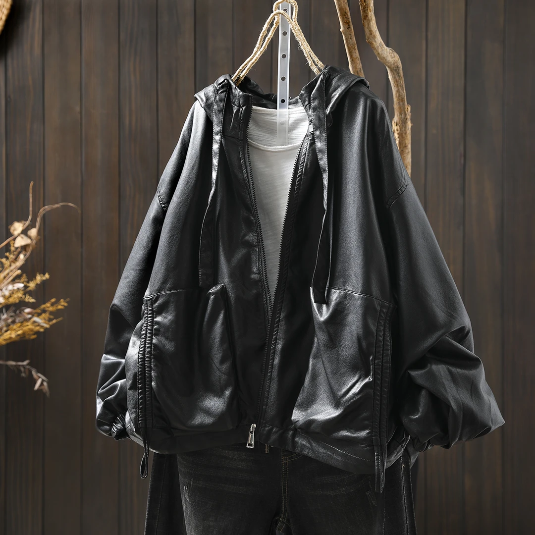 皮衣女款2025新款秋季黑色连帽高级感大码胖mm超软气质百搭皮夹克