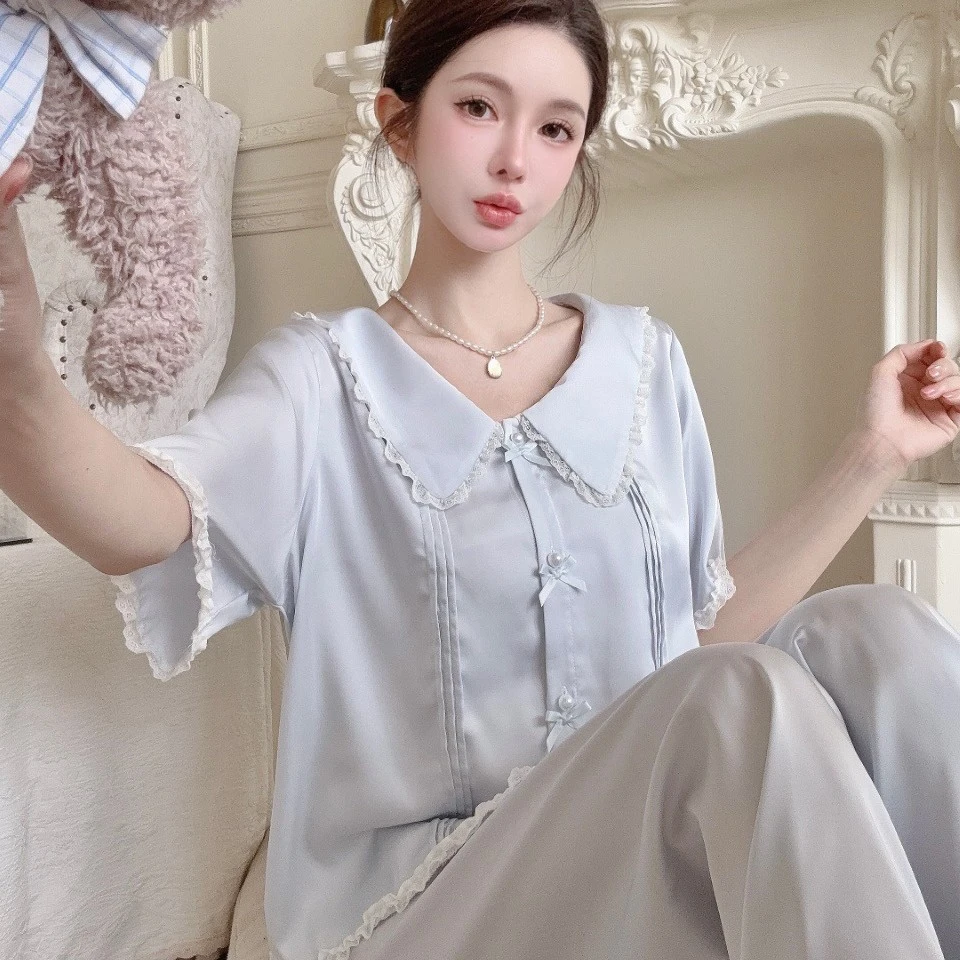 短袖长裤夏季新款冰丝睡衣甜美可爱家居服法式翻领开衫薄款套装