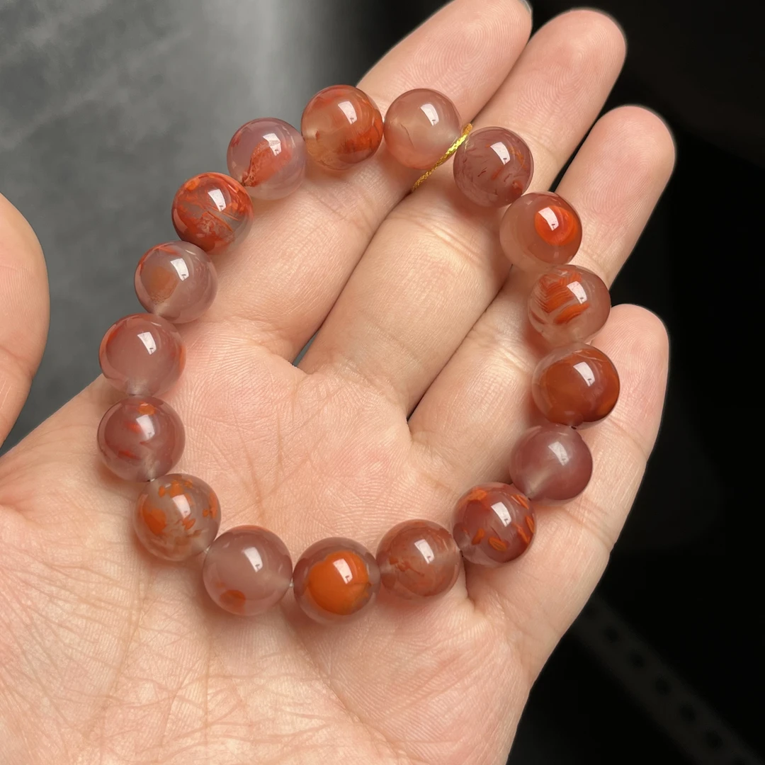 精品南红手串川料玫瑰冻冰飘火焰卡12圆珠单圈43.3克，意境时尚款