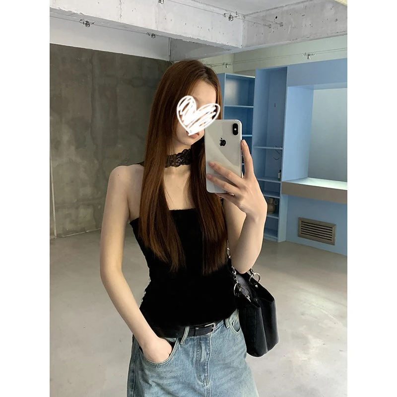 辣妹穿搭 黑色蕾丝挂脖上衣女修身抹胸高级感设计感修身吊带背心