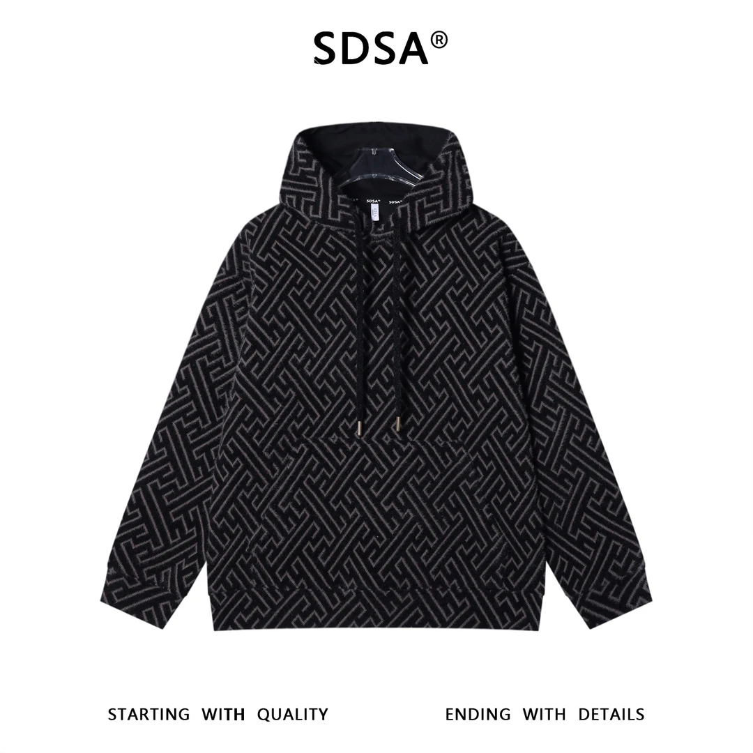 SDSA男士秋冬新款痞帅男装潮牌撞色提花字母抽绳连帽卫衣百搭宽松