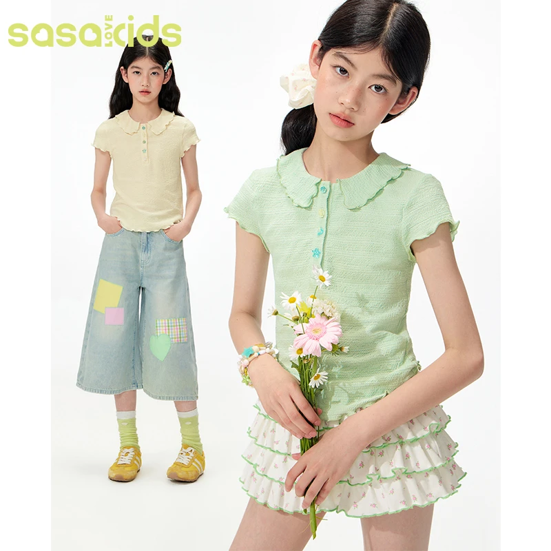 sasakids夏日海洋纽扣高弹透气修身针织套头polo领云朵袖上衣T恤