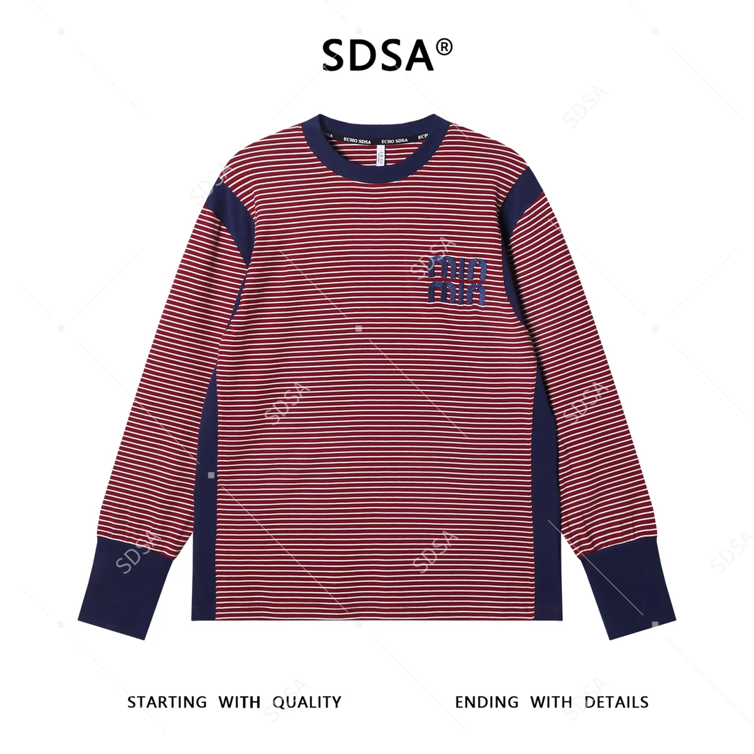 SDSA秋冬新款痞帅男装韩版撞色条纹圆领长袖T恤印花字母百搭上衣