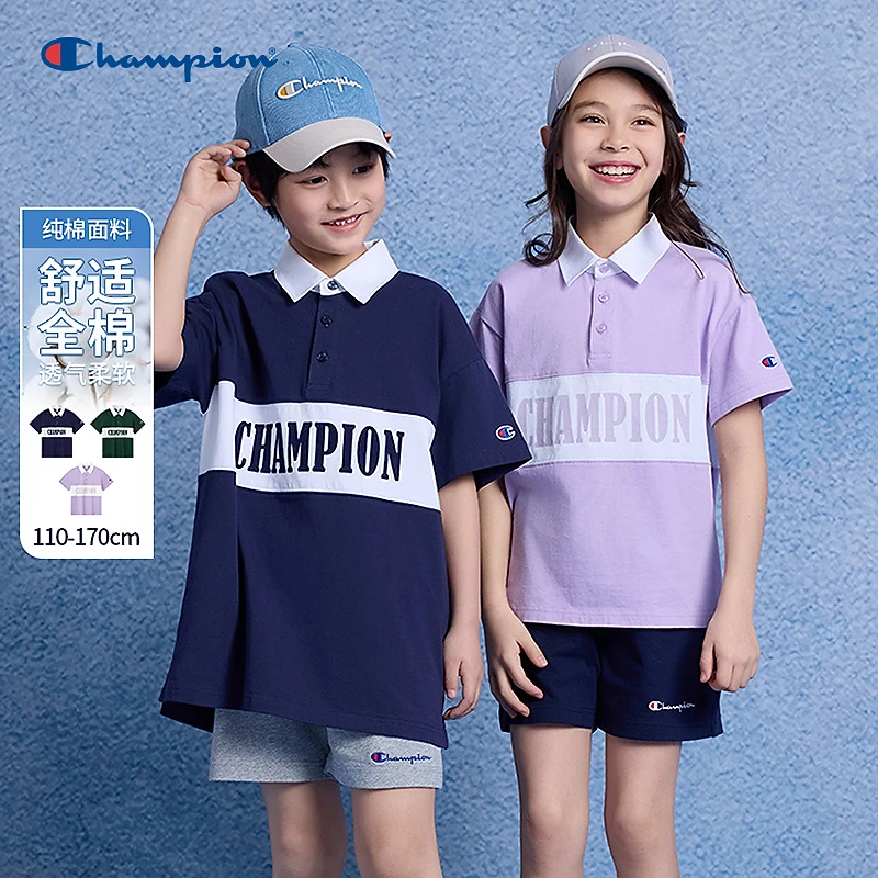 Champion冠军男女童装2025春夏季新款潮流经典休闲Polo短袖T恤