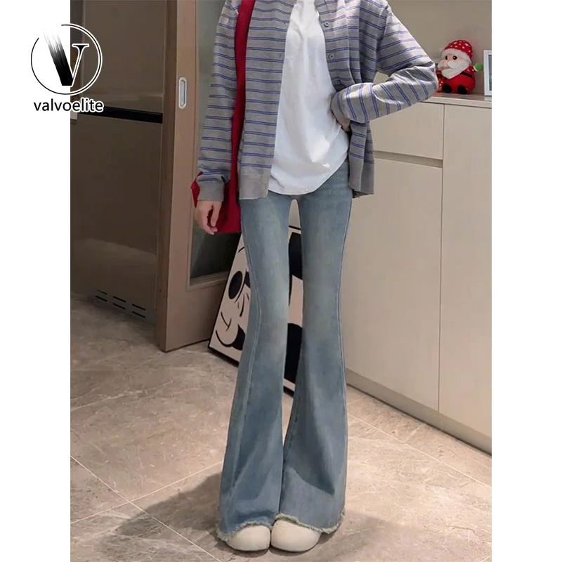VALVOELITE毛边微喇牛仔裤女夏季新款大码高腰遮胯显瘦弹力马蹄裤