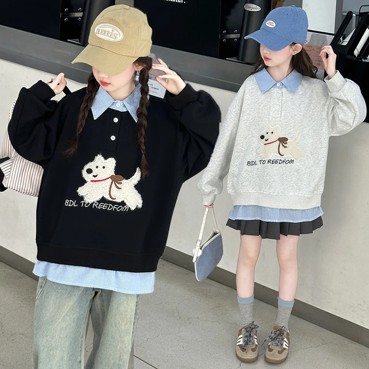 女童假两件绣花卫衣2025秋装新款休闲韩版儿童长袖中大童秋季外套