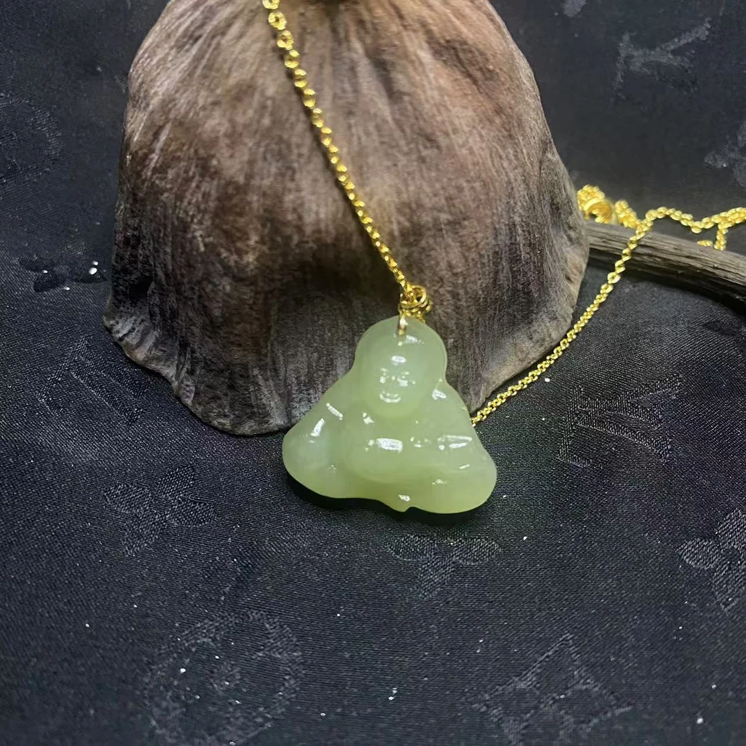 【玉合缘】天然和田玉18K金扣头弥勒佛佛公吊坠-多样性发一 1136