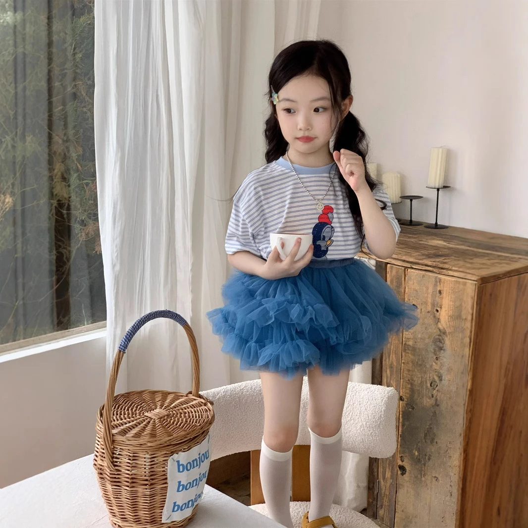 月女童2025夏季新款童装宝条纹卡通短袖T恤纱纱蓬蓬半身裙两件套
