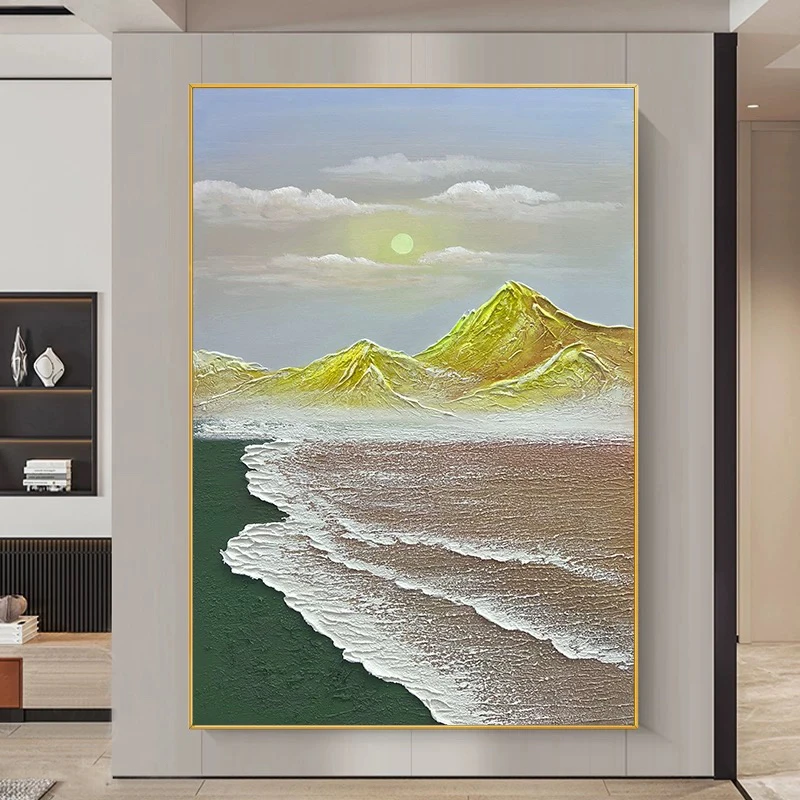 手绘油画《日照金山》海浪客厅背景墙装饰画玄关挂画轻奢餐厅壁画