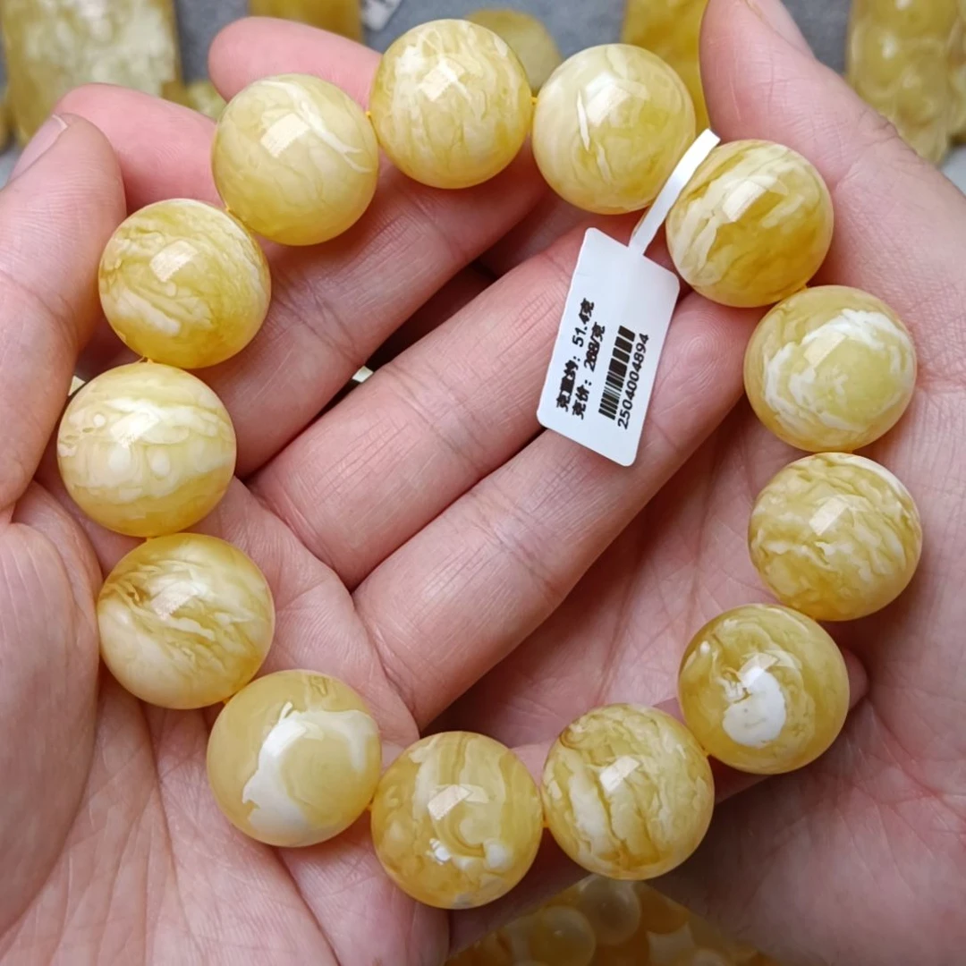 未镶嵌蜜蜡手链19圆珠白蜡虎皮纹高货毕业级19手围