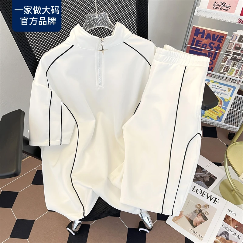 cc特大码300斤拼接半拉链polo衫短袖短裤男女宽松休闲T恤两件套装