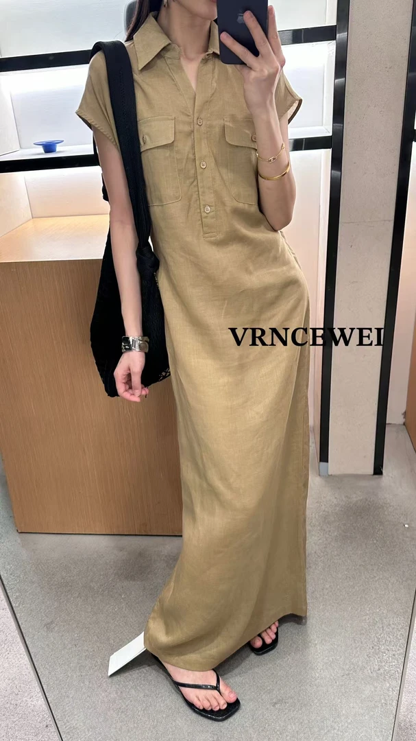 福秒-小口袋麻麻得！V领有质感连衣裙（657R0319#）VRNCEWEI