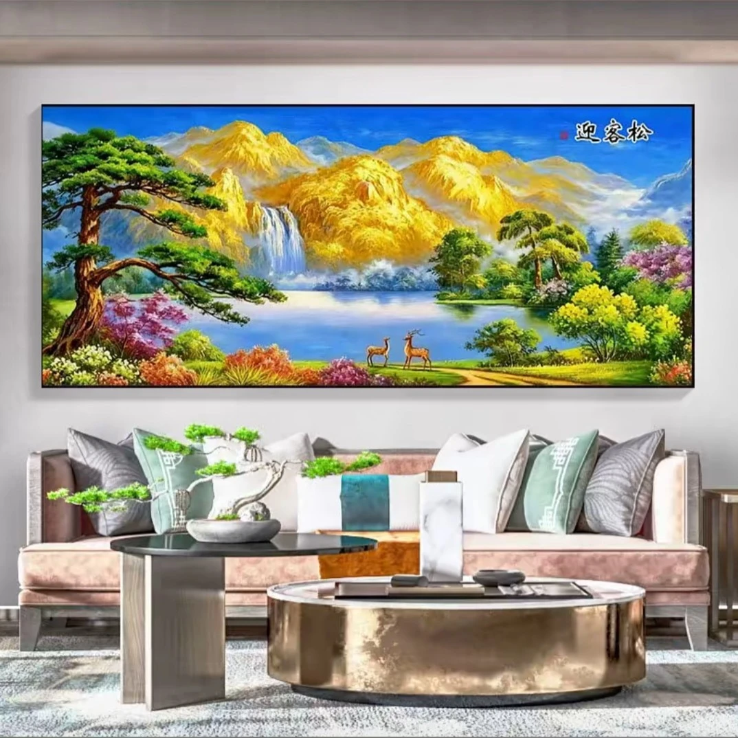 2.2大纯手工绣好十字绣成品818迎客松金山客厅挂画