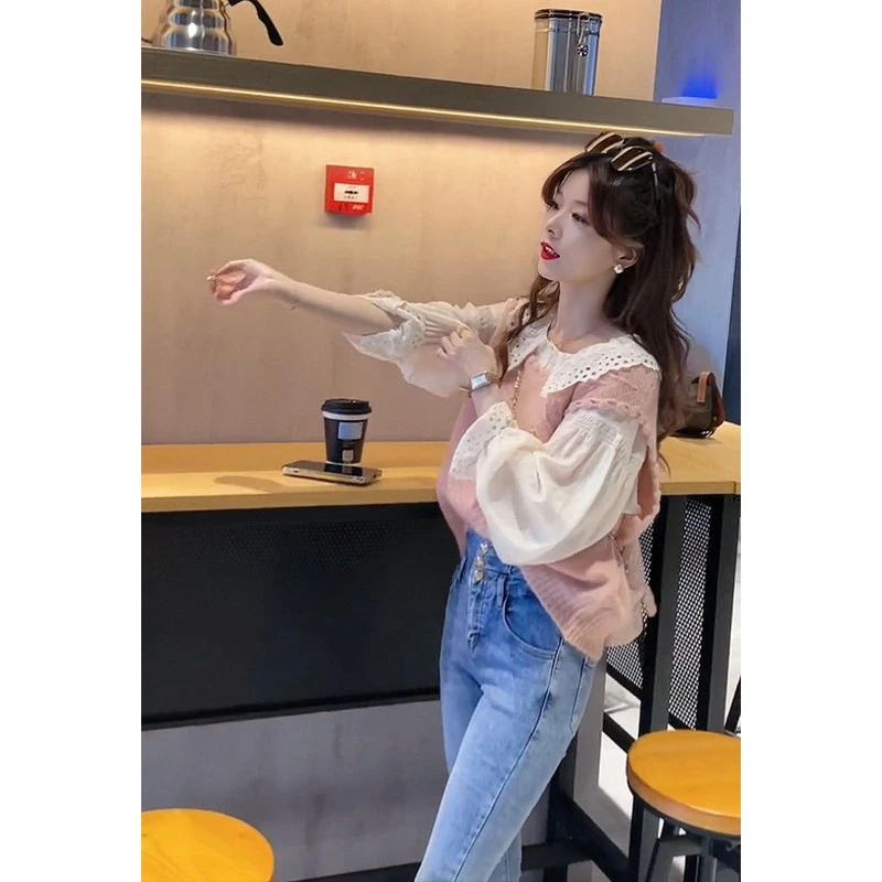 春季成套搭配一整套设计感蕾丝翻领衬衫上衣女粉色针织马甲两件套