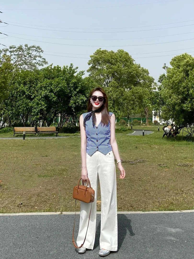 夏季新款网红洋气炸街女时尚高级感气质显瘦上衣高腰直筒休闲长裤