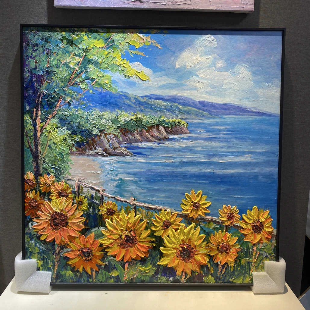 （海边向日葵）纯手绘油画装饰画入户走廊玄关挂画