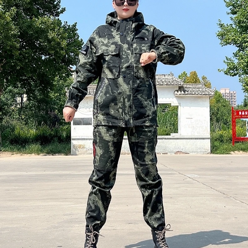 750春秋款上衣裤子弹力套装拆卸帽户外耐磨防烫迷彩工装男女同款