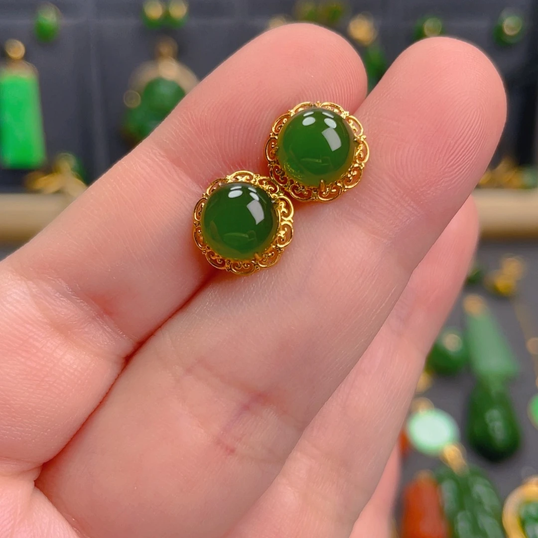 和田玉18K金镶嵌耳饰1800