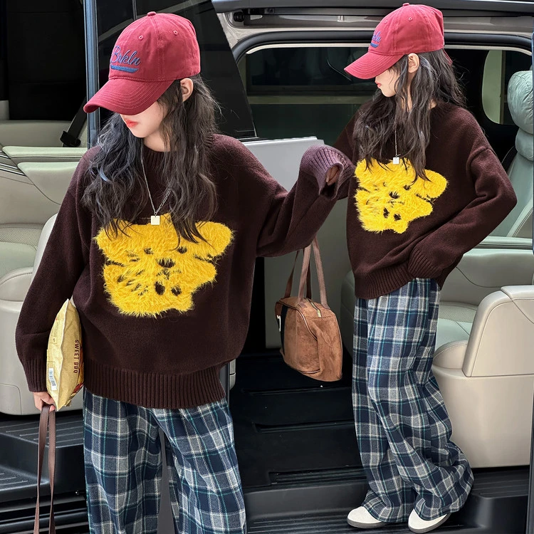 女童套装春秋款2025新款洋气中大童卡通毛衣秋装韩系格子裤两件套