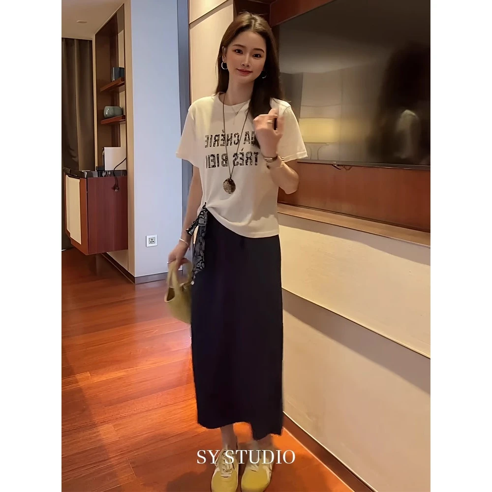 一整套ootd穿搭套装韩系字母印花配丝巾短袖T恤中长款半裙两件套