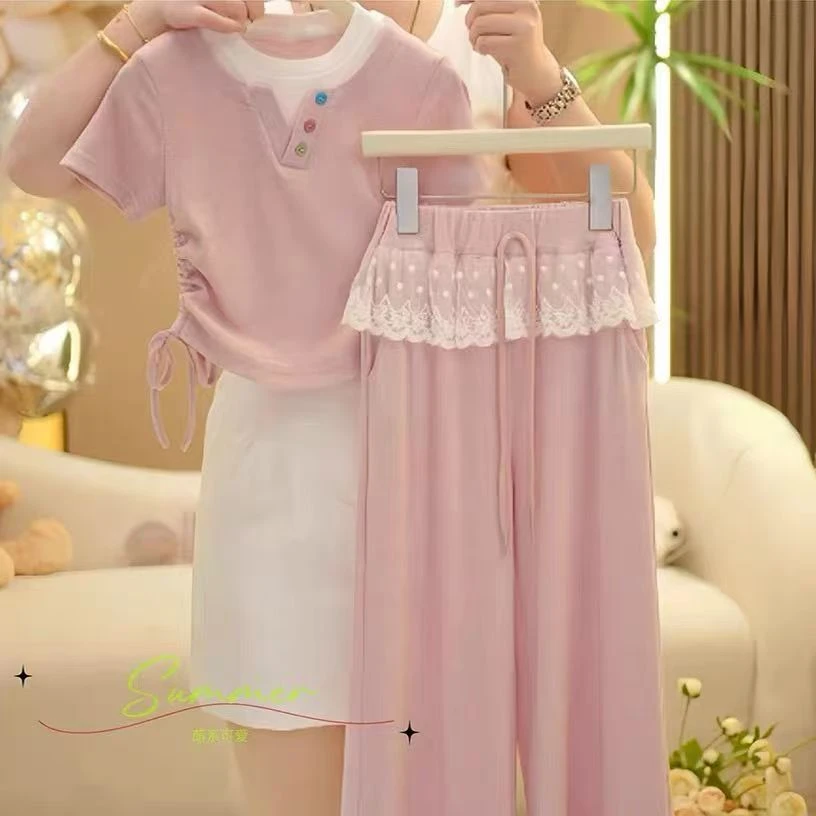 现货gkmy女童夏季套装气质简约女孩甜美蕾丝薄款时尚宽松显瘦套装