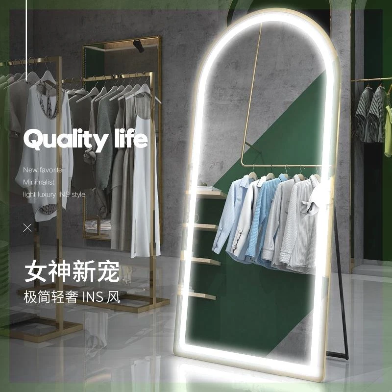 拱形全身镜落地穿衣镜网红拍照显瘦家用卧室服装店试衣镜子带灯