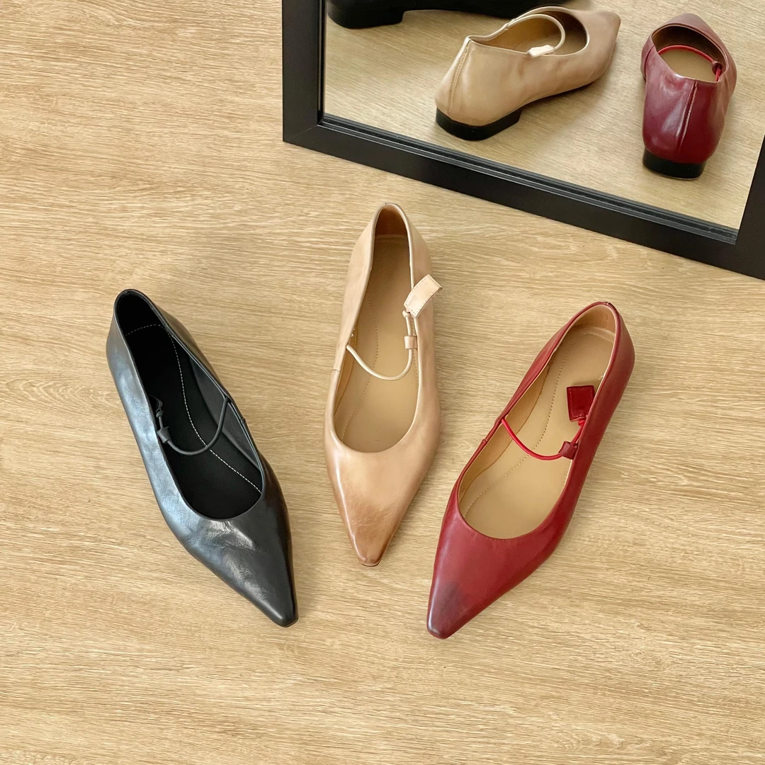 HUSSLOVE 水洗牛皮·跟高1.5CM·百搭通勤秋季浅口擦色气质尖头单鞋