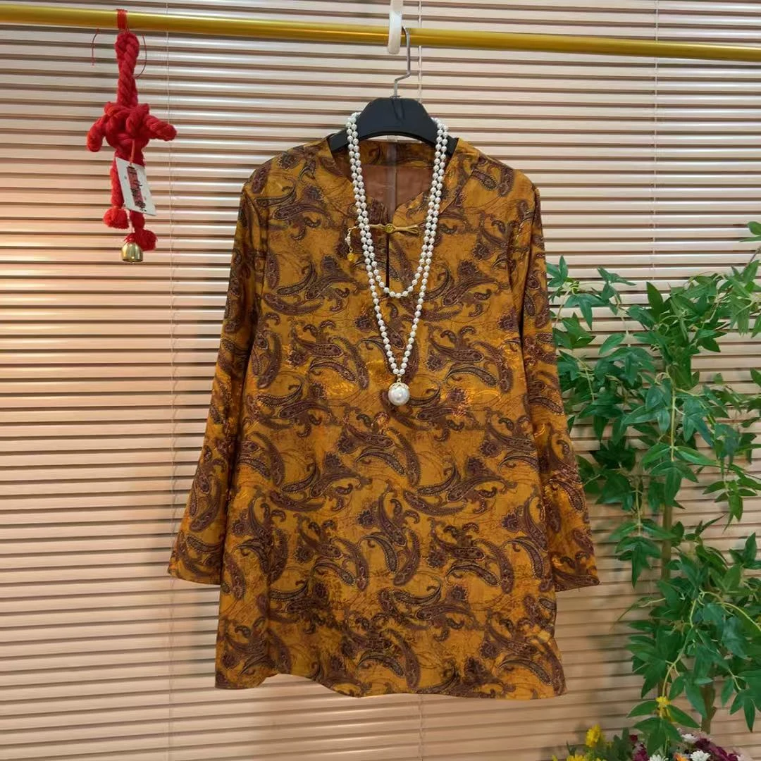 复古印花立领盘扣宽松中长上衣胖YY2025秋季新款新中式国风衬衫女