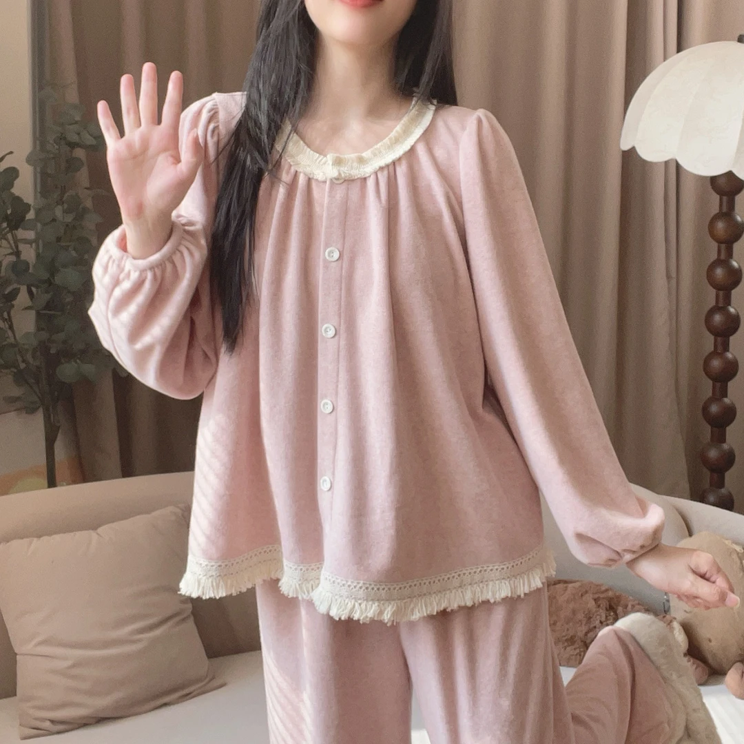 【6305粉色】羊蜜绒秋季甜美长袖拼接可外穿家居服睡衣宽松睡衣