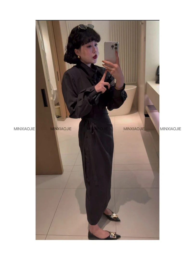 8808#立领不规则一片式绑带磨绒料套装裙