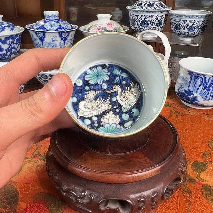 杯子陶元煦窑描金鸳鸯直口杯