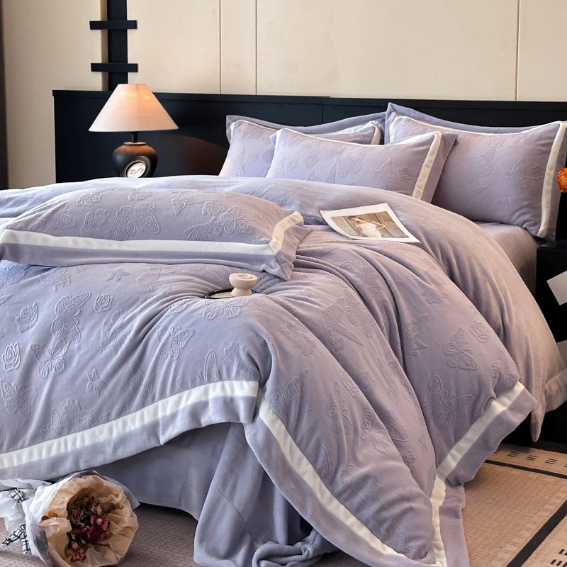 【漫花蝶舞】加厚保暖高克重立体雕花绒牛奶绒四件套床上用品柔软