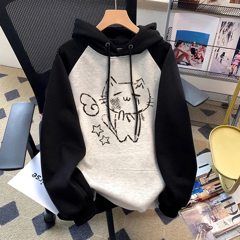 线条猫咪印花女童插肩连帽卫衣秋冬中大童8-15岁外穿上衣服#V6141