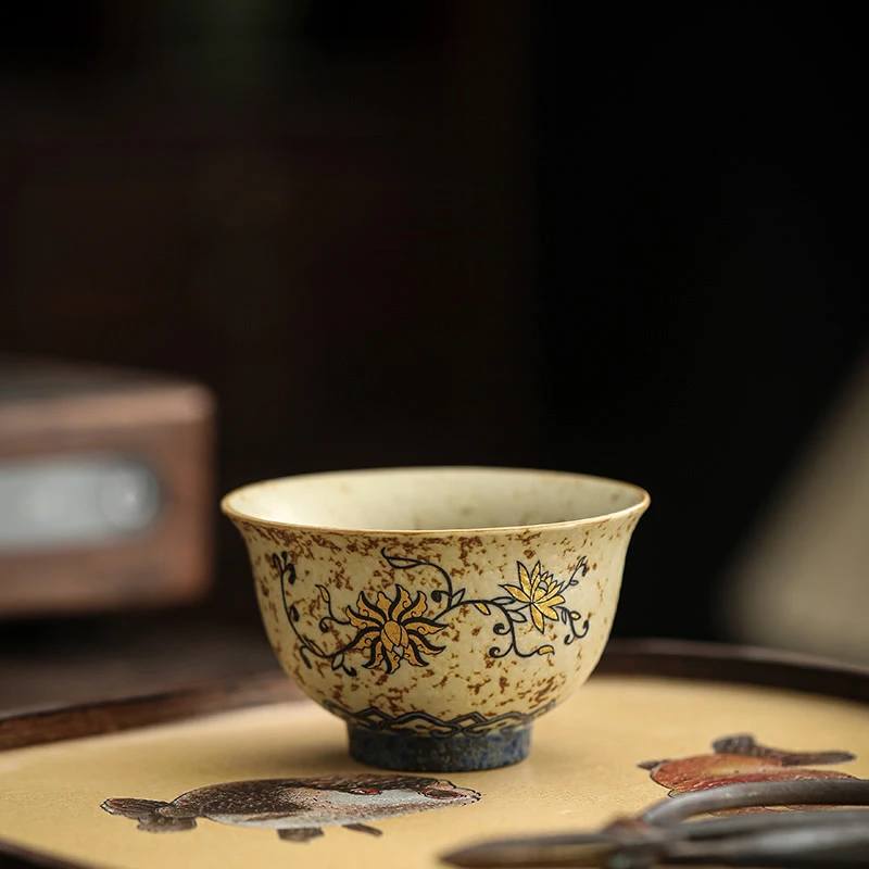 青花火石红品茗杯陶瓷功夫茶杯家用复古个人杯主人杯普洱杯反口杯