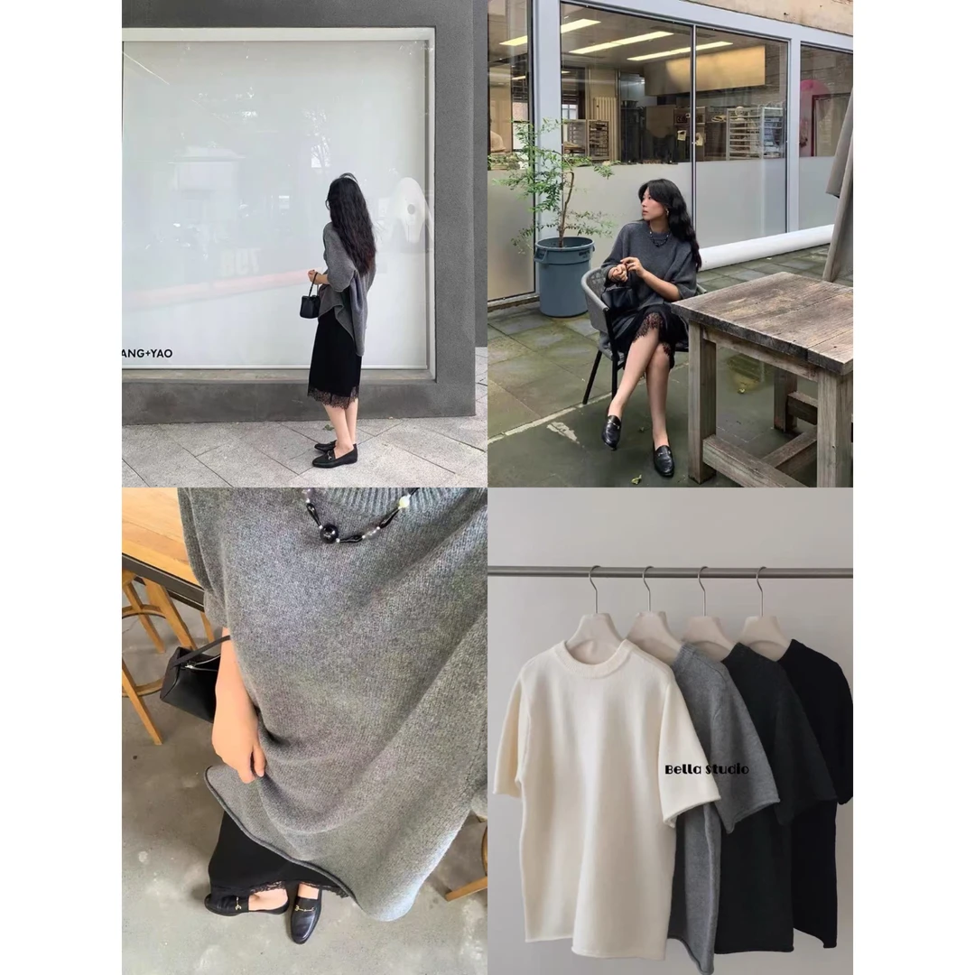 MEENI（9MN1228#）韩系简约 圆领卷毛短袖针织衫9-19