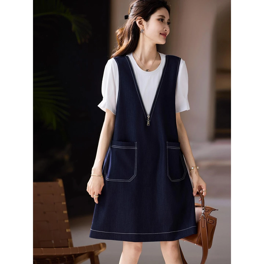 素木气质假两件牛仔连衣裙女2025年夏季新款大码女装欧货宽松裙子