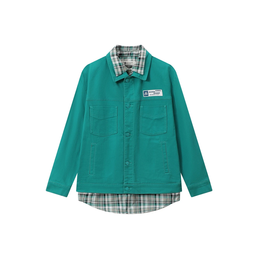 【TR】180-1093180外套 春季假两件格纹牛仔上衣外套 男女同款