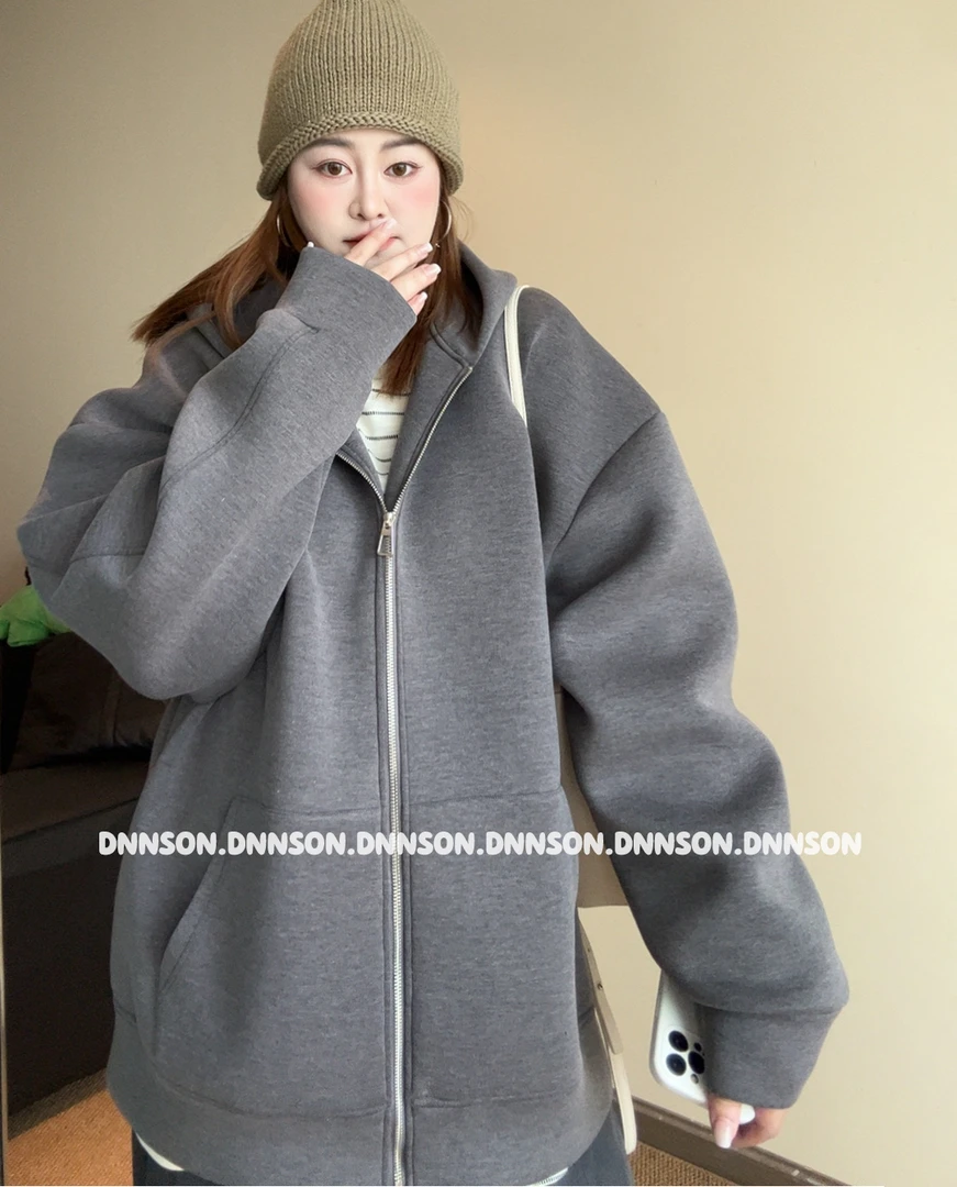 现货【大妮妮】大码星河灰外套2025秋冬连帽拉链空气层卫衣外套