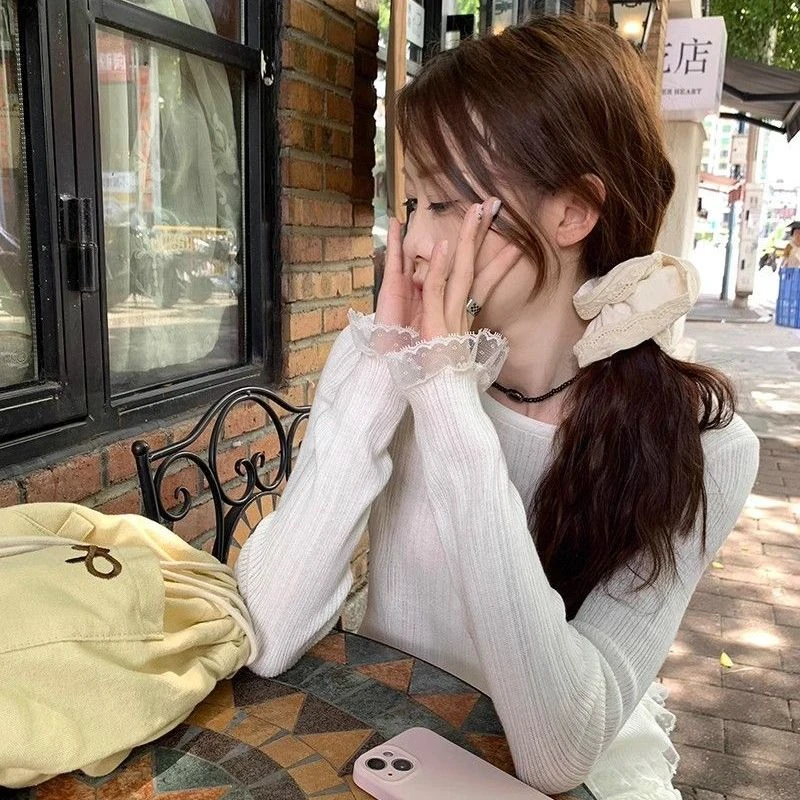 韩系气质氛围感蕾丝花边长袖针织衫女上衣秋季2025年新款通勤