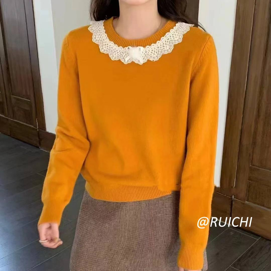 法式文艺秋冬新款圆领花边针织衫毛衣温柔氛围感满满