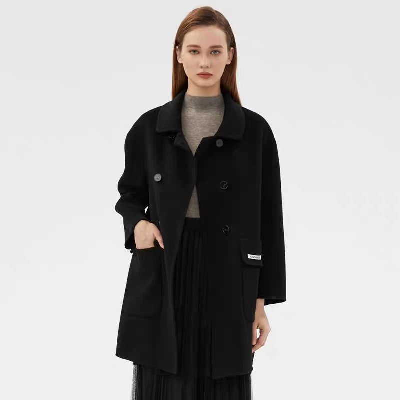 【鑫同辉】羊毛大衣气质时尚时尚女士羊绒宽松毛呢中A0014黑色