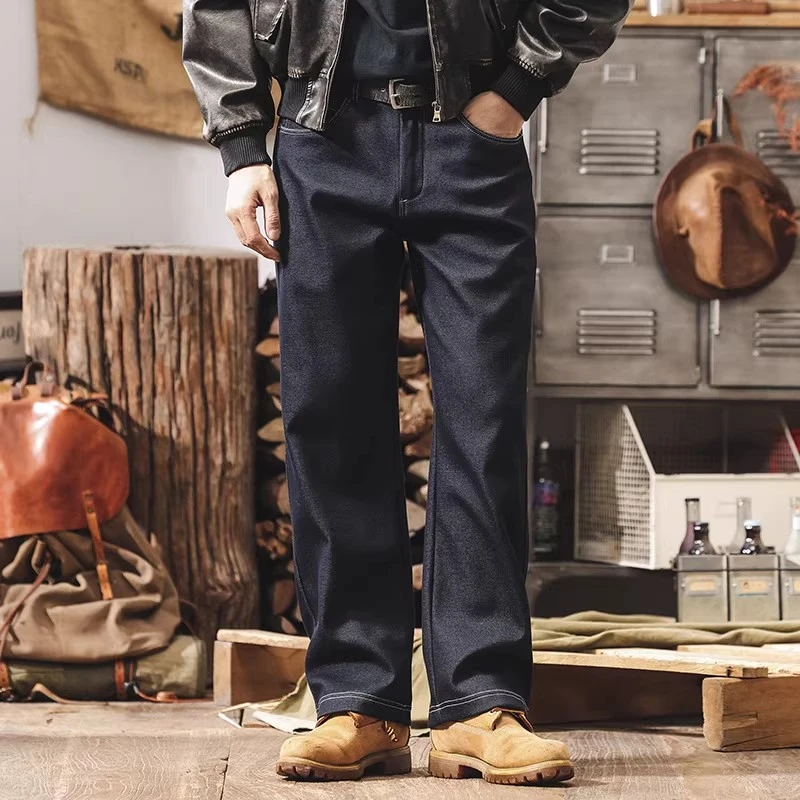 美式复古重磅仿牛仔针织卫裤男冬季加绒男士裤子宽松直筒休闲长裤