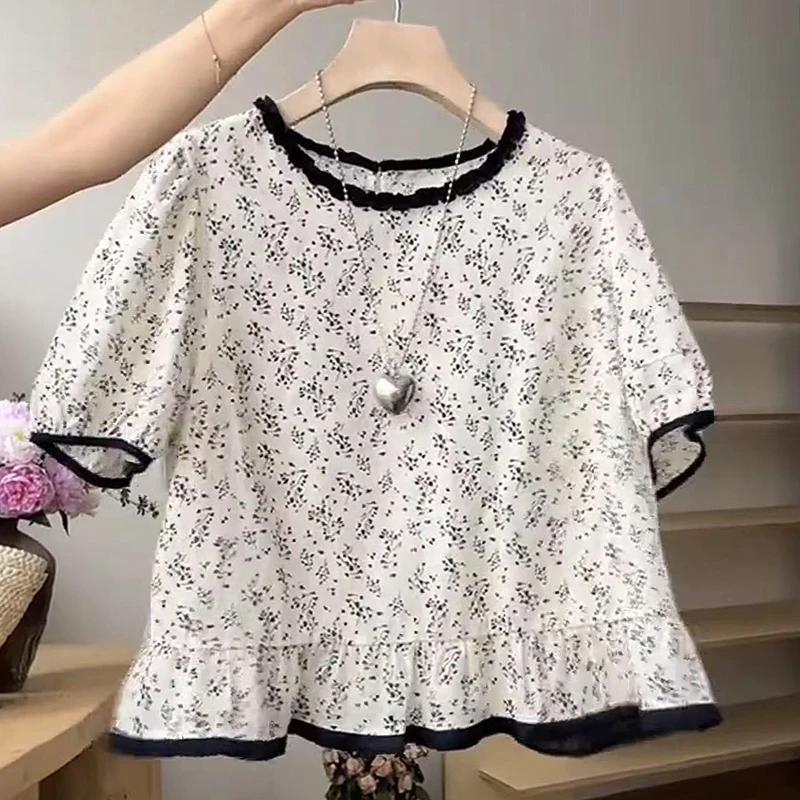 法式木耳边撞色格子短袖衬衫女夏季2025新款掐腰小衫气质碎花上衣