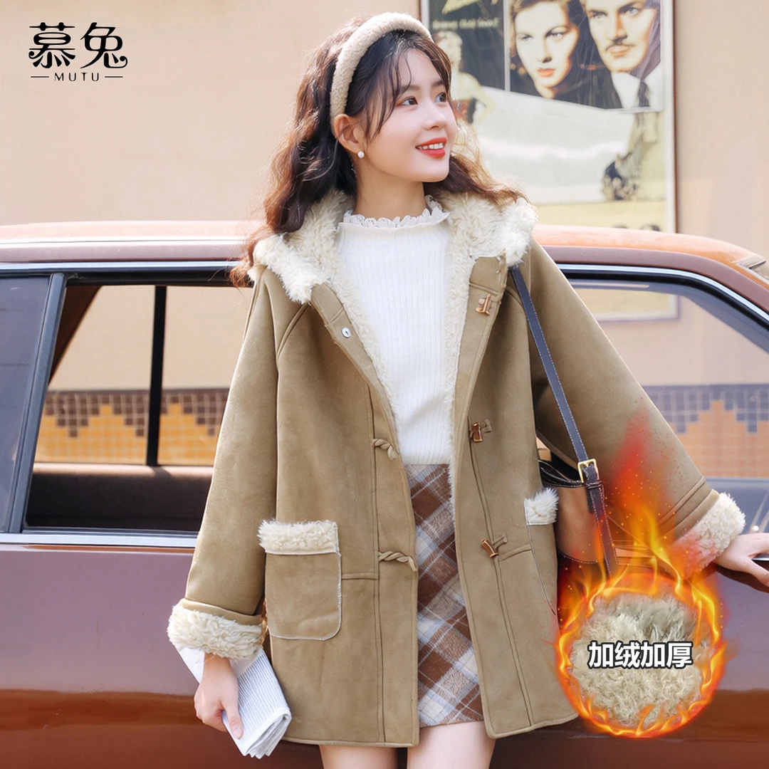 慕兔法式加绒加厚连帽长袖毛呢外套女2025冬季新款小个子百搭上衣
