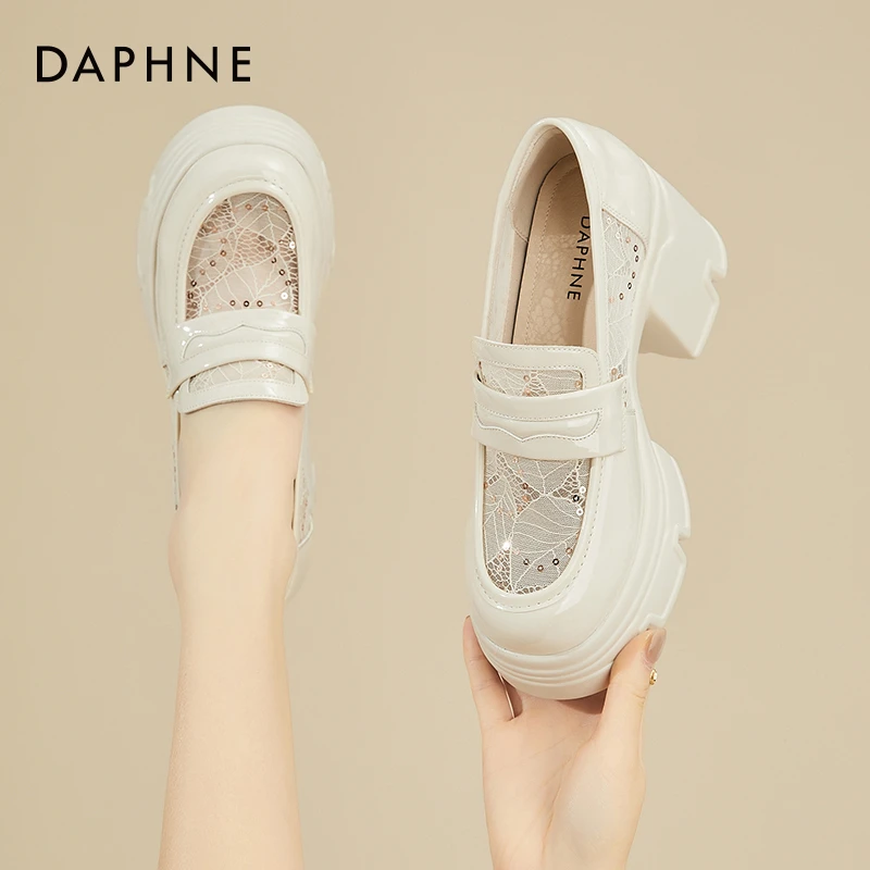 达芙妮正品网纱玛丽珍女鞋粗跟小皮鞋2025新款爆款法式厚底乐福鞋