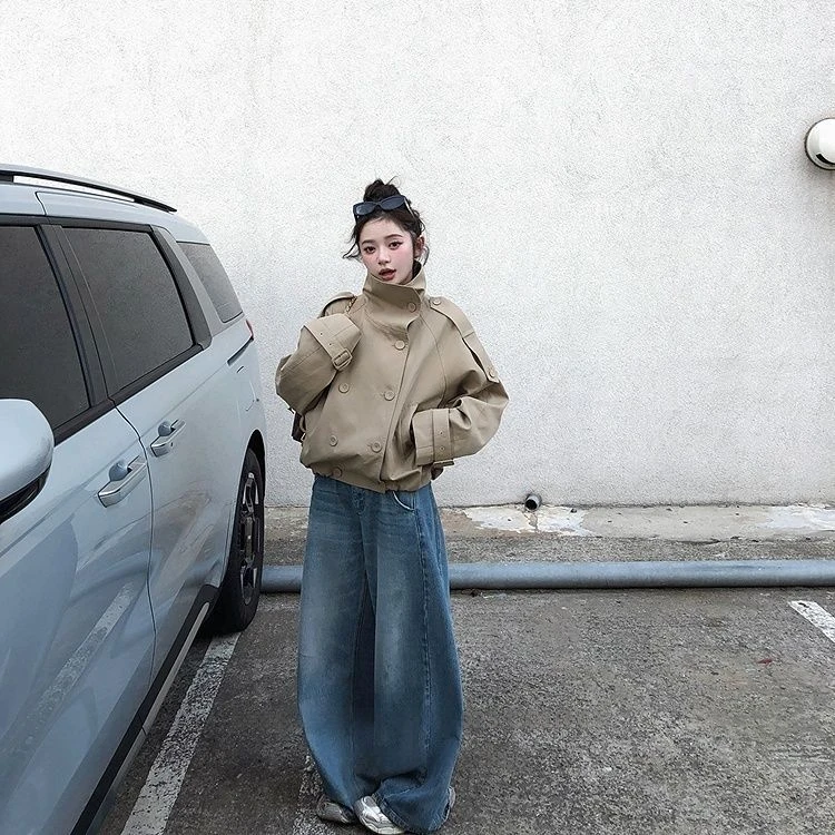 英区留学生 设计韩系复古双排外套气质春秋季高级别致短款风衣女