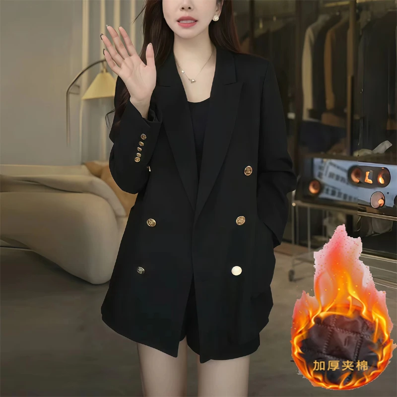 秋冬白鸭90绒毛呢西装外套女时尚气质宽松双排扣轻奢休闲呢子大衣