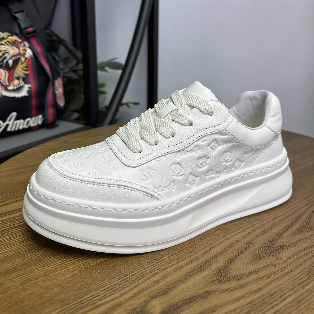 真皮小白鞋男士厚底时尚百搭板鞋压花透气休闲鞋韩版低帮潮流男鞋