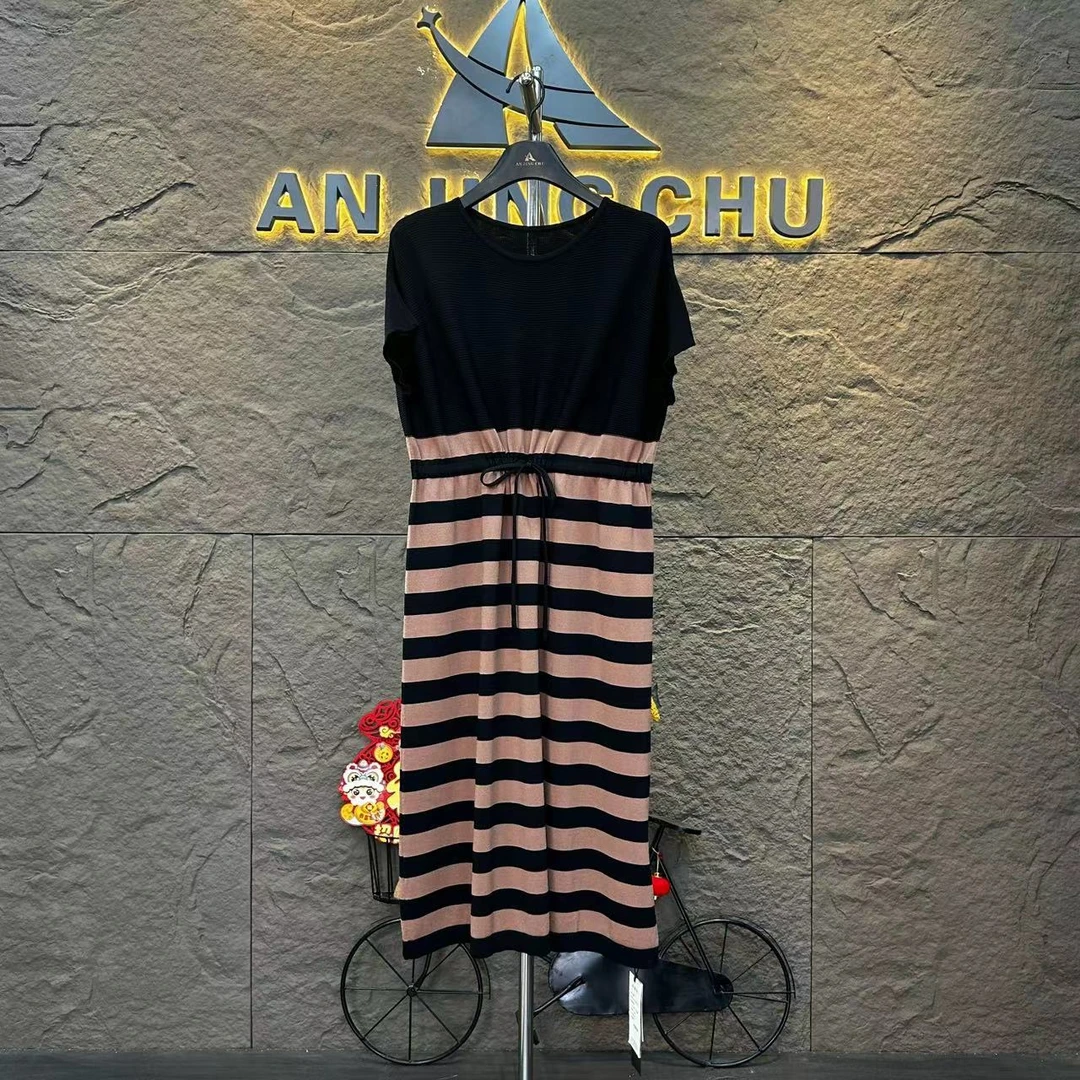 76  春季拼接条纹百搭抽绳显瘦休闲简约中长款针织连衣裙