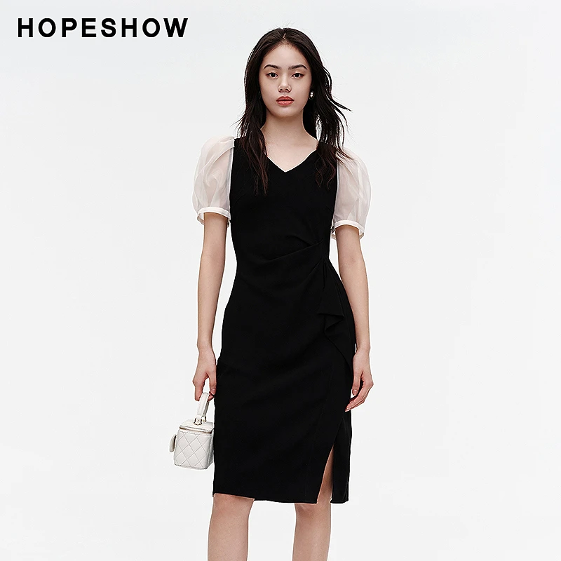 红袖夏季新款女装 泡泡袖压褶收腰V领套头连衣裙89124131604